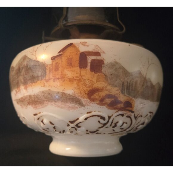 Antique Hand-Painted Milk Glass Oil Lamp With Scenic Winter Landscape Design Bra - Picture 2 of 10